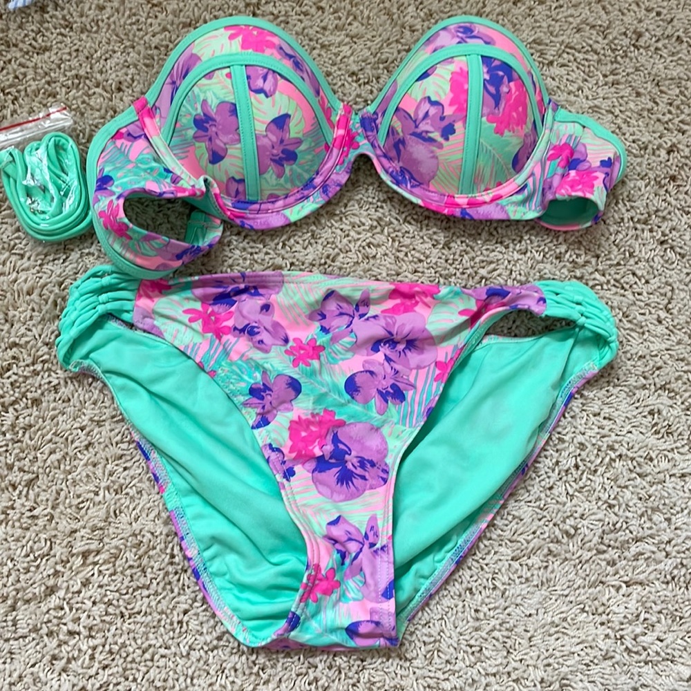 Arizona Neon Floral Two-Piece Swimsuit Bikini Size M in Top & Size L in Bottoms